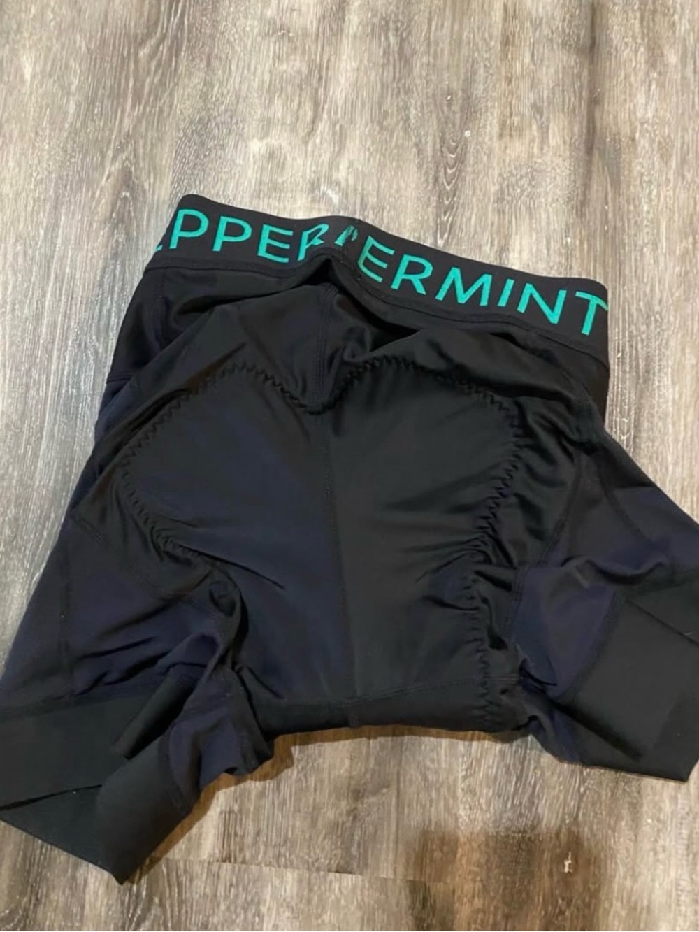 Peppermint Black Bike Shorts with Teal Logo Waistband